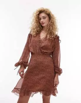 Повседневное мини-платье Topshop с необработанными краями и анималистическим принтом и вырезом с рюшами