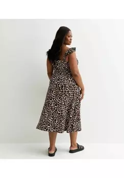 Повседневное платье CRINKLE LEOPARD PRINT RUCHED FRONT MIDI New Look Curves, коричневый