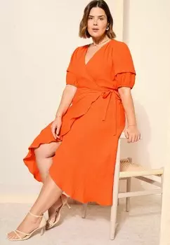 Повседневное платье DOBBY PUFF SLEEVES MIDI, REGULAR FIT Curves Like These, оранжевый