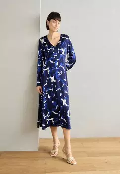 Повседневное платье DRESS MIDI LENGTH V NECK FEMININE STYLE FLARED SKIRT LONGSLEEVE PRINTED Marc O'Polo, темно-синий