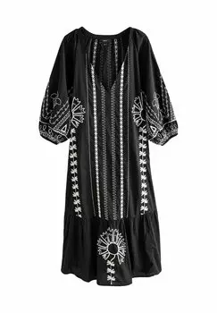 Повседневное платье EMBROIDERED LONG SLEEVE MIDI Next, черный