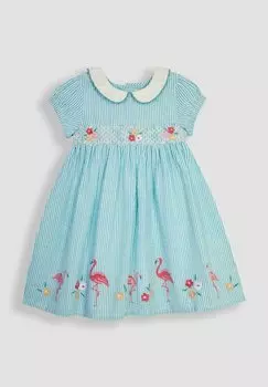Повседневное платье Floral Embroidered Smocked Regular Fit JoJo Maman Bb, утиное яйцо, синий фламинго
