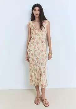 Повседневное платье FLORAL MIDI WITH BOW Mango, кремовый