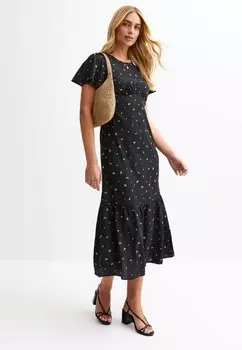 Повседневное платье FLORAL PRINT GATHERED MIDI New Look, черный