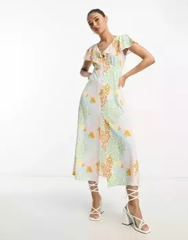 Повседневное платье миди ASOS с ярким принтом, планкой на пуговицах и развевающимися рукавами