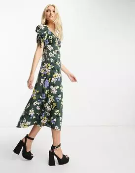 Повседневное платье миди Nothing's Child Pippa с завязывающимися рукавами, вырезом в форме сердца и пастельным цветочным принтом Nobody's Child