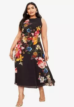Повседневное платье PLUS SIZE FIT - FLORAL PRINTED FIT AND FLARE MIDI Lipsy, черный
