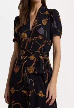 Повседневное платье PRINT BELTED GEORGETTE PUFF SLEEVE DRESS Lauren Ralph Lauren, темно-синий