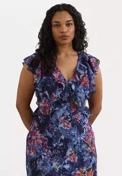 Повседневное платье PRINT RUFFLE-TRIM GEORGETTE MIDI DRESS Lauren Ralph Lauren Woman, синий