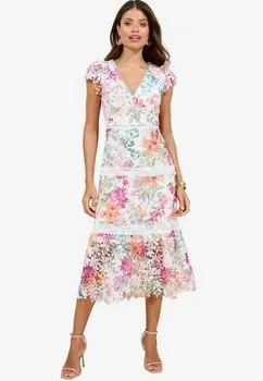 Повседневное платье REGULAR FIT BRODERIE SHORT SLEEVE V-NECK LOW MIDI Lipsy, белый
