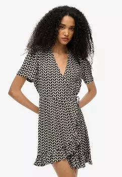 Повседневное платье SHORT SLEEVE PRINTED MINI WRAP Superdry, черный