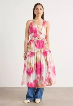 Повседневное платье SQUARE NECK BELTED MIDI DRESS DKNY, мультиколор