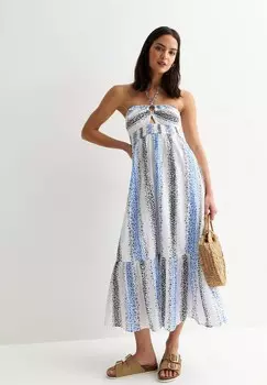 Повседневное платье STRIPE FLORAL SHIRRED HALTER NECK MIDI New Look, синий