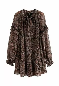 Повседневное платье TIE NECK RUFFLE LONG SLEEVE Next, черный