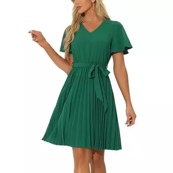 Повседневное плиссированное платье для женщин с V-образным вырезом и поясом, короткие платья с развевающимися рукавами ALLEGRA K, зеленый