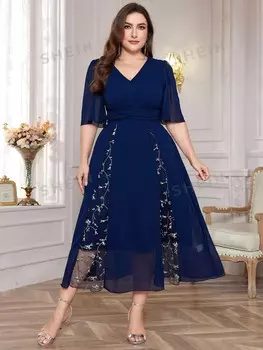 Повседневное вечернее платье больших размеров с V-образным вырезом Modely и рюшами по подолу Shein, темно-синий