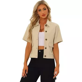Повседневные льняные куртки для женщин. Легкая рубашка на пуговицах с отложным воротником и коротким рукавом. ALLEGRA K, цвет Khaki