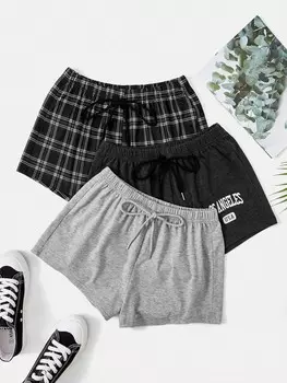Повседневные шорты, клетчатый узор и графические буквы, галстук-бабочка спереди, 3 шт Shein, мультиколор