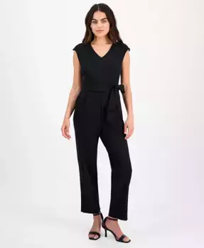 Повседневный комбинезон с поясом и V-образным вырезом Petite AK Anne Klein, черный