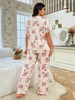 Повседневный Комплект Cottage Slumber, пижама, длинные брюки и рубашка с коротким рукавом, эластичная ткань, специальный размер Shein, мультиколор