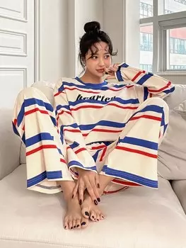 Повседневный костюм с открытыми плечами и принтом в виде полосок и графических букв Dazy, мультиколор