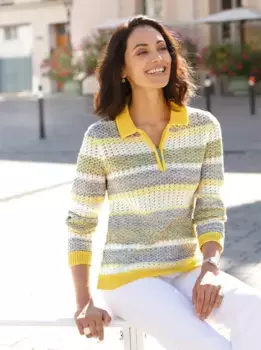 Повседневный образ Свитер с воротником-поло "Свитер-поло" Casual Looks, цвет Zitrone-Steingrau-Geringelt
