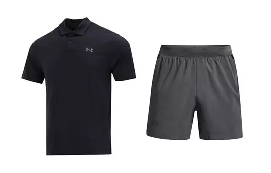 Повседневный спортивный мужской комплект: черный топ + серые шорты Under Armour, черный
