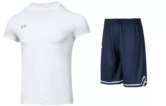 Повседневный спортивный мужской костюм Белая футболка + темно-синие шорты Under Armour, темно-синий