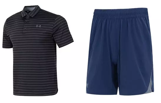 Повседневный спортивный мужской костюм черная рубашка + синие шорты Under Armour, черный
