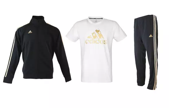 Повседневный спортивный мужской костюм, черно-золотая куртка + бело-золотая футболка + черно-золотые брюки Adidas, черный