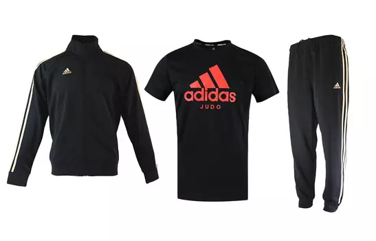 Повседневный спортивный мужской костюм: черно-золотая куртка + красно-черная футболка + черно-золотые брюки Adidas, черный