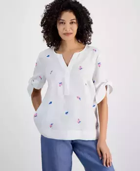 Повседневный топ с завязывающимися рукавами и цветочной вышивкой из льна Charter Club, белый