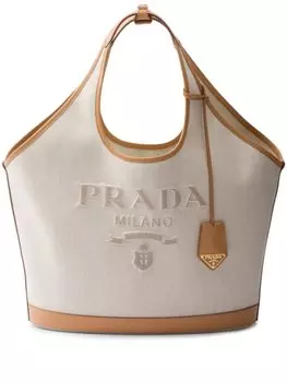 Большая сумка-тоут Prada с вышитым логотипом, нейтральный цвет