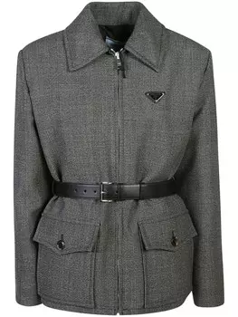 Prada клетчатый жакет с поясом, серый