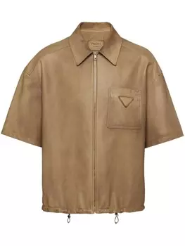 Prada кожаная рубашка с нашивкой-логотипом, нейтральный цвет