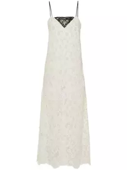 Prada кружевное платье миди с логотипом, нейтральный цвет
