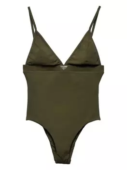Prada купальник с логотипом и треугольником в мелкую резинку, зеленый