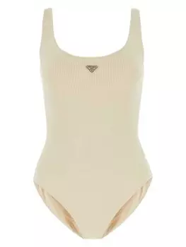 Prada купальник с треугольным логотипом и стразами, нейтральный цвет