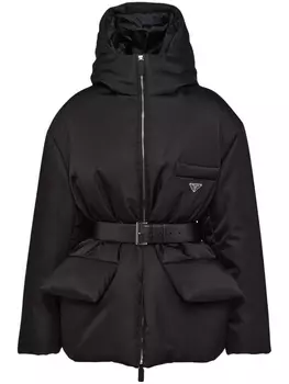 Prada куртка Re-Nylon с капюшоном и поясом, черный