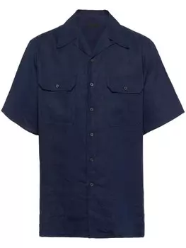 Prada льняная рубашка с треугольным логотипом и кубинским воротником, синий