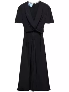 Prada платье миди с V-образным вырезом и короткими рукавами, черный
