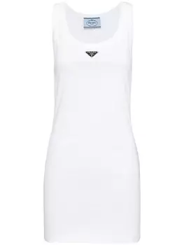 Prada платье мини в рубчик с логотипом, белый