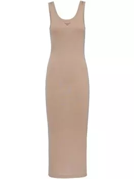 Prada платье в рубчик с логотипом, нейтральный цвет