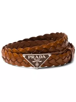 Prada плетеный ремень с пряжкой-логотипом, коричневый