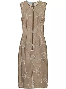 Prada шелковое платье миди с вышивкой, нейтральный цвет