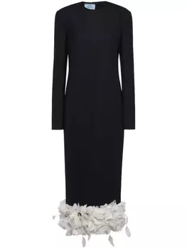 Prada шерстяное платье миди с цветочной аппликацией, черный