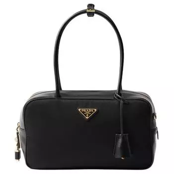 PRADA Сумка из переработанного нейлона с кожей, женская, черного цвета, среднего размера