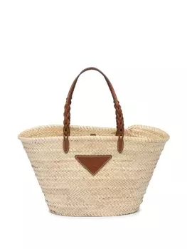 Prada сумка-тоут из рафии с логотипом, нейтральный цвет