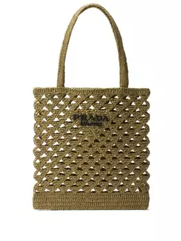 Сумка-тоут Prada в технике кроше с вышитым логотипом, зеленый