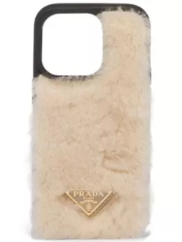 Prada triangle-logo shearling iPhone 14 Pro case, нейтральный цвет